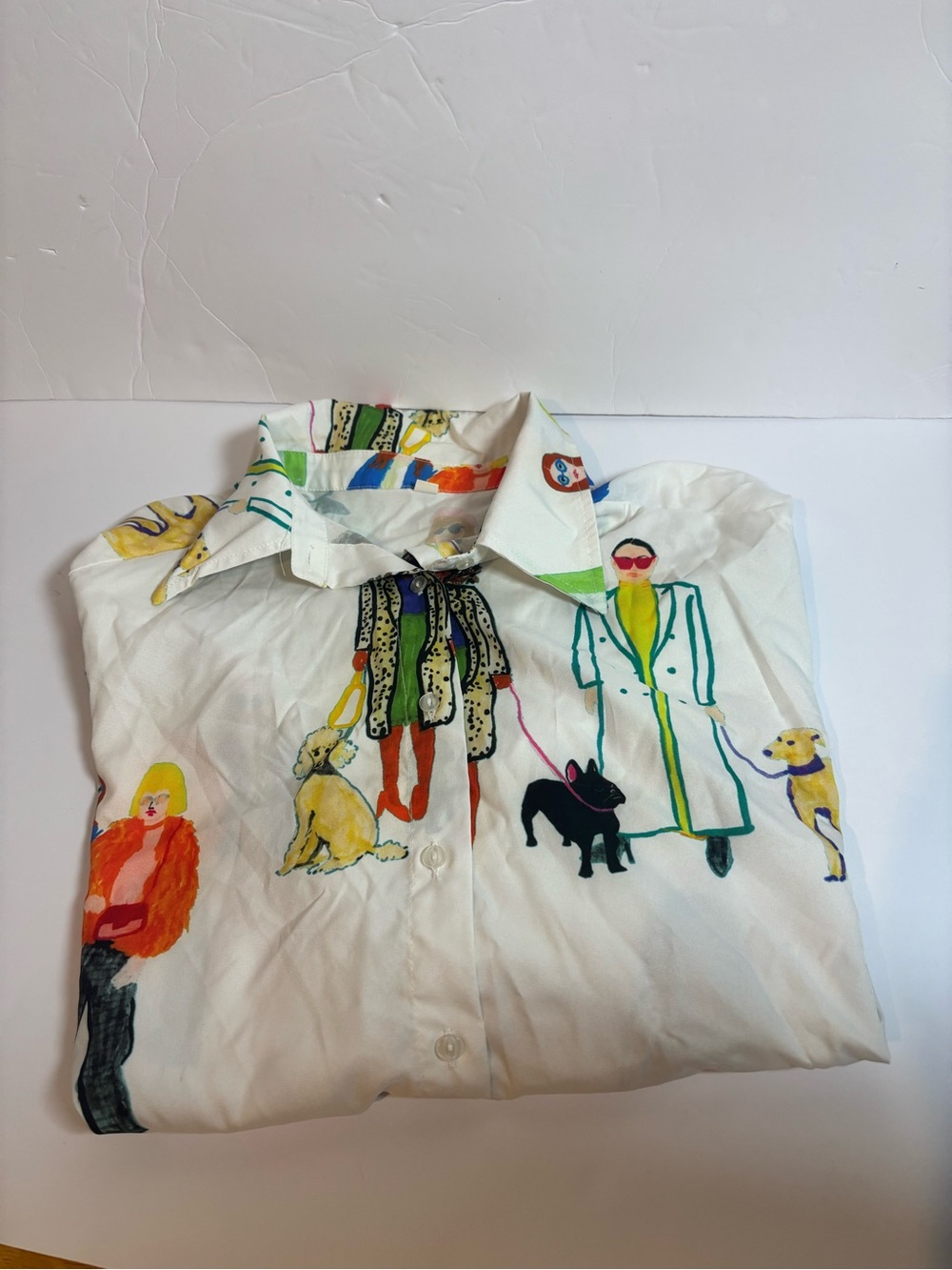 SHEIN White Button-Down Shirt with Colorful Figure & Dog Print